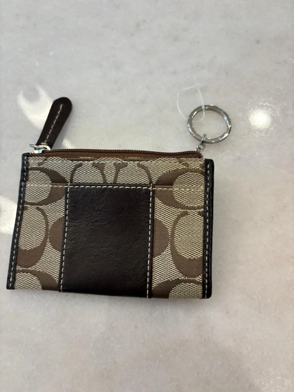 Coach Signature Jacquard Mini Skinny Coin Purse Keychain Khaki Brown #O10